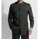 Safari Suit, Band Collar, 4 Flap Pocket, Full Sleeves.