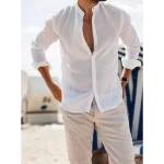 White Premium Linen, Band Collar Full Sleeves