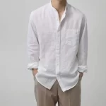 White Premium Linen Shirt, Band Collar, Full Sleeves